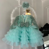 MQTIME  -  Children's evening dress V-neck sequined long-sleeved fluffy elegant girl princess dress for 0-12 years old birthday party