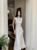 MQTIME  -  Vintage White Dress Women Sleeveless Slim Fit Mermaid Folds Long Skirts Elegantes Fashion Design Mujer Wedding Dresses