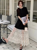 MQTIME  -  Summer New Patchwork Women  Loose Long Dresses Short Sleeve Korean Style Floral Hem Female Vestidos