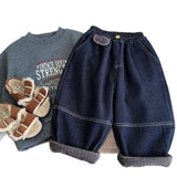  MQTIME  -  New Winter Kids Boys Jeans Plaid Plus Fleece Toddler Boys Demin Pant Versatile Elastic Waist Infant Baby Boys Warm Trouser