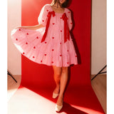 MQTIME  -  Women's Cute Satin Bownot Tied Heart Print Puff Short Sleeve Ruffle Hem Tiered Flowy Loose A-Line Mini Babydoll Dress