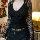 MQTIME  -  Women's Gothic Solid Color Lace Tops Long Sleeve Sexy V Neck Tie-up Front Slim Fit T-Shirts Blouses Club Streetwear