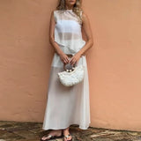 MQTIME  -  Summer O-neck Sleeveless Vest Top & Long Skirt Outfits Casual Loose Women's Holiday Suits White See Through Mesh Two Piece Set