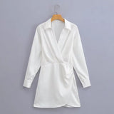 MQTIME  -  Women Long Sleeve Lapel Dress Solid Color Summer Fashion Streetwear Female Pleated Dresses Office Lady Elegant Shirt Dress