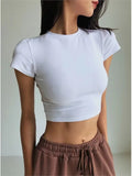 MQTIME   - Cotton Crop Tops T shirt Women  Female Summer Cropped Bodycon T-Shirts Fashion O-neck White y2t Tshirt Sexy Short Tees