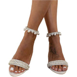 MQTIME  -  New Block Heel Sandals Summer Wedding White Mid Heel Pearl String Open Toe Plus Size Strappy Sandals