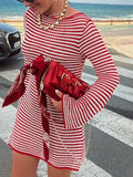 MQTIME  -  Women Bodycon Knitted Dress Striped Round Neck Long Sleeve Casual Fall Short Dress