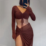 MQTIME  -  European and American Autumn 2024 New Women's V-neck Pleated Crop Top High Slit Long Skirt Two-piece Street Style Suit Women