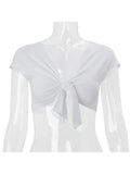 MQTIME  -  Chic 2 Tone Knot Front Crop Tops Women Elegant Lace-up Short Sleeve Slim Fit Blouse Lady Daily Commute Street Outerwear