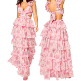 MQTIME  -  Women Summer Floral Print Ruched Bust Sleeveless V-Neck Ruffle Layered Lace-up Backless Flowy A-Line Long Cake Dress