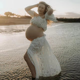 MQTIME  -  ﻿ Maternity Dress Photoshoot Hollow Lace Elegant Pregnancy Gown for Baby Shower Pregnancy Photos Elastic Waist Two-Piece