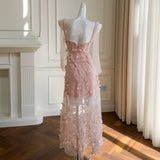 MQTIME  -   Pink 3D Flowers Tulle Prom Party Dress Spagehtti Straps Sequin Floral Lolita  A Line Pleats Formal Evening Gowns