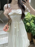 MQTIME  -  Women Dresses Square Collar Bow Bandage Ribbon Puff Short Sleeve Bow Princess Sweet Elegant Female Dress Casual