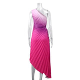 MQTIME  -  One Shoulder Pleated A-line Party Dress Sleeveless Elegant Evening Vestidos Backless Gradient Color Femme Club Dress