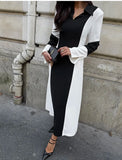 MQTIME  -  Spring Autumn Female French Elegant Contrast Color Dress Long Flare Sleeve Hollow Out Turn-down Collar Black White Women Dresses
