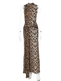 MQTIME  -  Woman Elegant Leopard Print Bandage Long Dress 2024 Summer Sexy O-neck Sleeveless Tunics Bodycon Slit Evening Party Dresses