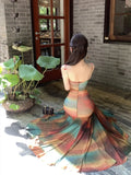 MQTIME  -  Summer Trend Fashion Color Contrast Design Print Embellishment Mesh Material Breathable and Cool Fishtail Hem Slip Dress