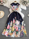 MQTIME  -  Summer New Holiday Beach Dress Women Notched Collar Sleeveless Single Breasted Floral Print Belt Long Boho Female Party Vestido
