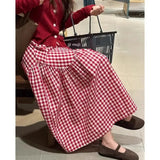 MQTIME  -  Red Plaid A- Line Mini Skirt with Lining Spring Summer Asymmetrical Splicing Big Swing Japanese Style Polyester Fiber Skirt