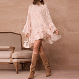 MQTIME  -  Elegant Lace-up Pure Color Ruffle Short Dress Spring Summer Women Loose Swing Dress French Style Half High Collar Jacquard Dress