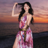 MQTIME  -  Floral Print Ruffles Mesh Asymmetrical Maxi Dress Women Sexy Deep V Neck Lace Up Halter Backless Ruched Vacation Beach Long Robe