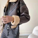 MQTIME  -  Woman's Fashion Thick Warm Faux Shearling Jacket Coat Women Vintage Long Sleeve Belt Hem Female Leather Outerwear Chic Tops