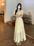 MQTIME  -  Women Dresses Floral Printed Puff Short Sleeve Bandage Summer Fashion Ruffles Square Collar Sweet Elegant Dress Female