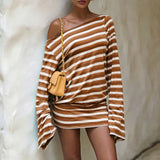 MQTIME  -  Spring Summer Thin Backless Beach Dress New Striped Print Diagonal Collar Long Sleeved Short Dress Casual Loose Asymmetric Dress