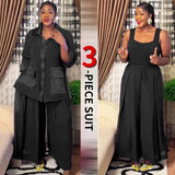 MQTIME  -  Women's There Piece Sets 2025 Spring And Summer New Women's Solid Color Casual Cardigan Top Wide Legged Pants Suit Two-Piece Set