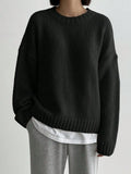 MQTIME  -  Womens Oversized Crewneck Knit Pullover 90s Normcore Tomboy Aesthetic Long Sleeve Chunky Sweater Top Solid Basic Coal Midnight Onyx Black Drop Shoulder Wide Ribbed Cuffs Hem Slouchy Baggy Silhouette For Fall Winter