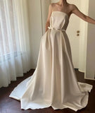 MQTIME - A-line White Wedding Dress Royal Trail Satin Simple Bridal Gown Formal Occasion Wedding Dress