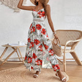MQTIME  -  Women Bohemian Chiffon Dress Strapless Printing Maxi Dress Lace Hollow Out Beach Dress Floral Vestidos Sundress