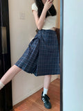 MQTIME  -  Vintage Plaid Midi Skirt Women American Retro Pleated A-line High Wasit Skirts Summer Fashion Uniform Aesthetics Clothes