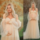 MQTIME  -  Pearl Tulle Maternity Dress for Photoshoot Long Puffy Sleeve Off Shoulder Babyshower Bridal Pregnancy Gowns