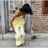 MQTIME  -  Tube Top Pant Women's Set Backless Off Shoulder Pleated Blouse High Waist Wide Leg Pants Lady Suit 2025 Summer Female Streetwear