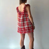 MQTIME  -  Sweet Playful Suspenders Beach Dress Plaid Print Sleeveless Loose Women's Short Dress Sexy Ruffle Edge Holiday Mini Dresses