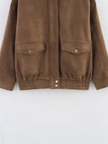 MQTIME  -  Women Elegant Suede Brown Bomber Jackets Fashion Ladies Casual Loose Outfits for Vintage Female Chic Clothes Cute