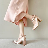 MQTIME  -  Ballet Style Fashion Satin Cross Strap Women Pumps Spring Summer Mary Janes Thick High Heels Lolita Ballet Dancing Chunky Shoes