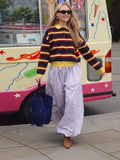  MQTIME  -  Woman Clothes Knitwear Pullover Sweater Striped Polo Neck Tops Casual Outerwears Trendy Casual Wear Fashion Sweaters Daily Look