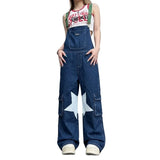  MQTIME  -  Retro Casual Star Denim Overalls Straight Jeans Jumpsuits Trousers High Waist Loose Wide-leg Rompers Jumpsuits for Women