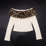 ﻿ MQTIME  -  Leopard Print Faux Fur Patchwork Slim T-shirts Women Sexy Casual Slash Neck Off Shoulder Long Sleeve Streetwear Tees Tops
