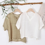 MQTIME  -  100% Ramie Drop-Shoulder Loose Kid's Short-Sleeve T-Shirt  Summer New Casual V-Neck Boys And Girl Shirt Simple Children's Tops