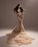  MQTIME  -  Luxury Crystals Mermaid Maternity Photoshoot Dresses Sheer Nude Tulle Maternity Dress Long Train Pregnancy Gown Babyshower Dress