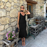 MQTIME  -  Sexy Spaghetti Strap Bodycon Ruched Summer Dress Women's Long Dress Fashion Elegant V-neck Holiday Summer Party Dress