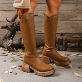  MQTIME  -  Retro Brown Thick Bottom Long Riding Boots Women Winter Comfort Platform Thick Heel Western Cowboy Boots Knee High Booties
