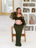 MQTIME  -  Blackish Green Tulle Maternity Photography Dress Set Off-shoulder Plus Size Sexy Pregnancy Gown for Women Photoshoot 2024