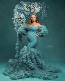 MQTIME  -  Teal Blue Mermaid Maternity Dress for Pregnant Woman Removable Puffy Sleeve Customized Gown for Photoshoot Evening Bathrobe Robe