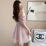 MQTIME  -  French sweet floral bubble sleeved dress for women's 2024 summer new backless hollow out bow puffy skirt short