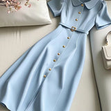 MQTIME  -  Solid Color A-Line Party Dress Summer New Women Peter Pan Collar Golden Single Breasted Slim Office Lady Midi Vestido Robe 837P