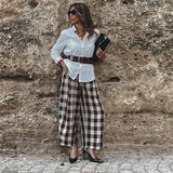 MQTIME  -  Women Casual Cotton Loose Plaid Trousers Fashion Thin Linen Wide Leg Straight High Waist Pants Daily Commute Street Pant
